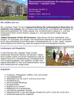 Ökumenische Kontaktstube für wohnungslose Menschen Leipziger Oase