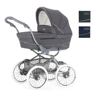 Edler Kinderwagen im Retro-Look mit weißen Speichenrädern und klassischer Babywa