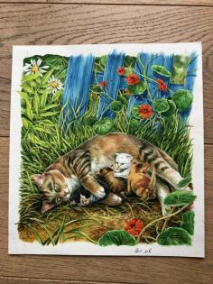 Original Bild Katze mit Jungen handgemalt