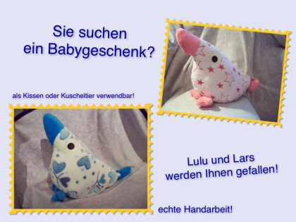 Kuschelvogel für Baby blau oder rosa auch als Kissen verwendbar aus echter Han