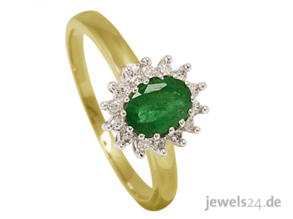 Klassisch eleganter Diamantring 14 Diamanten Smaragd Edelstein Gold günstig d