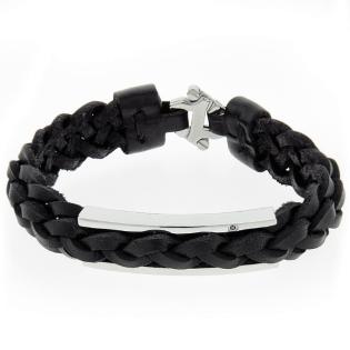 Lederarmband Zopf mehrreihig schwarz mit Edelstahl-Element Diamant